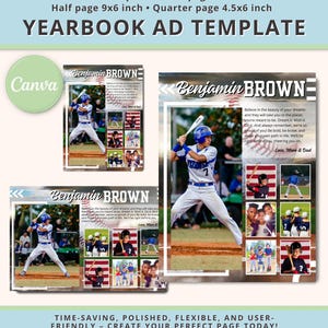 Peut inclure: Un modèle d'annonce de yearbook de baseball personnalisable avec une photo d'un jeune joueur de baseball en uniforme bleu, une batte de baseball et un ballon de baseball. Le modèle comprend un collage de photos, un message et le texte "Benjamin BROWN" en gras, en noir. Le modèle est conçu pour une annonce pleine page, demi-page ou quart de page.