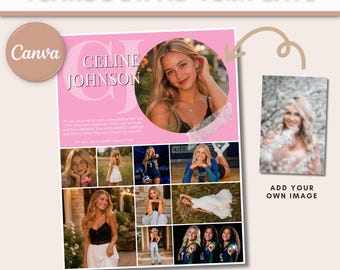 May include: An editable yearbook ad template in pink and white featuring a large circular photo placeholder, multiple smaller rectangular photo slots, and the text "Celine Johnson" and "CJ". The design includes a Canva logo and dimensions of 8.5x11 inches and 9x12 inches.