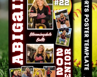 Op de afbeelding: Een sportposter-sjabloon met de naam Abigail, de tekst Bloomingdale Bulls en de tekst 2027 Senior. Het ontwerp bevat zeven foto's van een softbalspeler in een zwart-rood uniform, een gele softbalafbeelding en het nummer 22.
