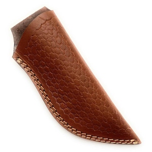 May include: A brown leather knife sheath with a stitched edge and a patterned design.