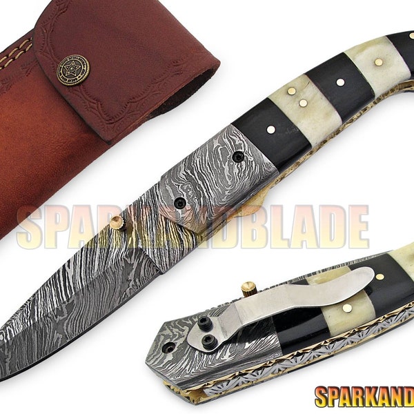 Handmade damascus steel folding knife damascus folding knive pocket knife with steel clip 8" long with  color bone handle.#22