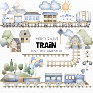 Paquete de imágenes prediseñadas de tren de acuarela, gráficos PNG transparentes, para decoración de guardería, baby shower de niño, fiesta de cumpleaños, arte mural, juguete de transporte
