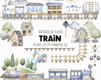 Train Watercolor Clipart Bundle for Birthday, Nursery Decor and Baby Shower Commercial Use PNGs