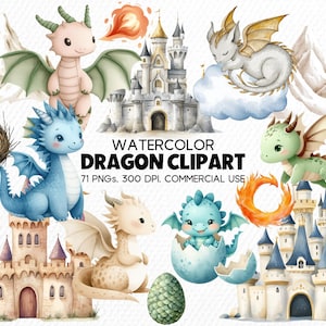 Aquarell Drache Clipart, niedliche Drachen PNG für Kinderzimmer Wandkunst, Kindergeburtstag-Party-Dekor & Babyparty-Einladungen Grafiken