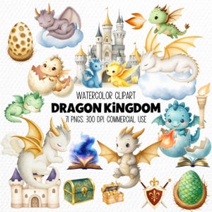Ilustrações em aquarela do Reino dos Dragões para decoração de quarto de bebê, chá de bebê e aniversário (PDF para download digital)