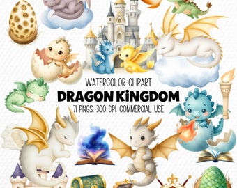 Dragon Kingdom Watercolor Clipart for Baby Nursery, Shower and Birthday Decor PNG (Digital Download)