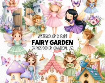Watercolor Fairy Clipart, Pink Mushroom Houses, Garden PNGs (Digital Download, 95 files)