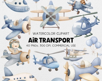 Watercolor Airplane Clipart, Air Transport PNG, Baby Boy Decor (Digital Download)