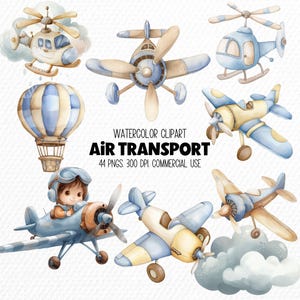 Clipart de avião em aquarela, transporte aéreo, helicóptero, balão de ar quente, para decoração de berçário, arte de parede para chá de bebê, PNG transparente