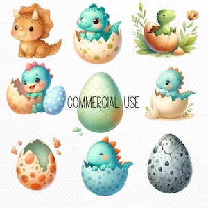 Watercolor Dinosaur Clipart Bundle for Nursery Decor, Its a Baby Boy Shower Birthday Party Stickers, Wall Art, Dino Egg Trex Transparent PNG