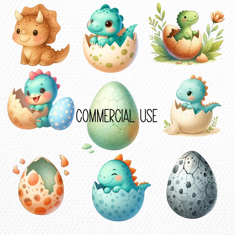 Watercolor Dinosaur Clipart Bundle for Nursery Decor, Its a Baby Boy Shower Birthday Party Stickers, Wall Art, Dino Egg Trex Transparent PNG
