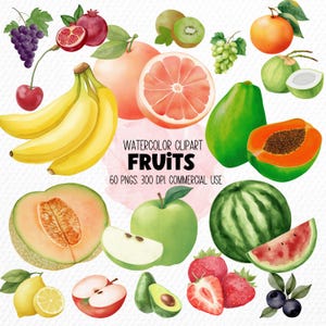 Watercolor Fruits Clipart Bundle, Banana, Apple, Watermelon, Orange, Grapes, Avocado, Mango, PNGs for Commercial Use (Digital Download)