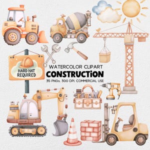 Pacote de clipart de construção em aquarela | Gráficos de veículos de construção para festa de aniversário de berçário, conjunto de caminhão, guindaste e escavadeira