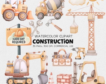 Pacchetto di clipart ad acquerello per costruzioni / Camion, gru, escavatori PNG (download digitale)
