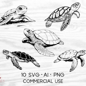 Sea Turtle SVG Bundle, Ocean Animal Clipart PNGs, Tortoise Silhouette for Laser Engraving and Printing, Sea Creatures for Commercial Use