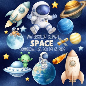 Outer Space Watercolor Clipart, Astronauts, Planets, Rockets and Galaxy PNGs for Birthday, Nursery Decor and Baby Shower (Digital Download)