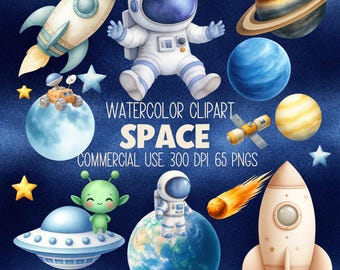 Imágenes prediseñadas de espacio en acuarela: astronautas, planetas, cohetes (PNG)