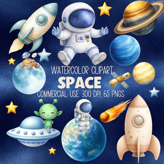 Space Watercolor Clipart for Nursery Decor, Cute Astronaut & Planets PNG, Rocket Illustrations for Kids Art Prints, Birthday Party Graphics