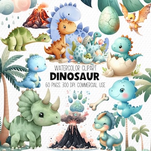 Watercolor Dinosaur Clipart Bundle for Nursery Decor, Its a Baby Boy Shower Birthday Party Stickers, Wall Art, Dino Egg Trex Transparent PNG