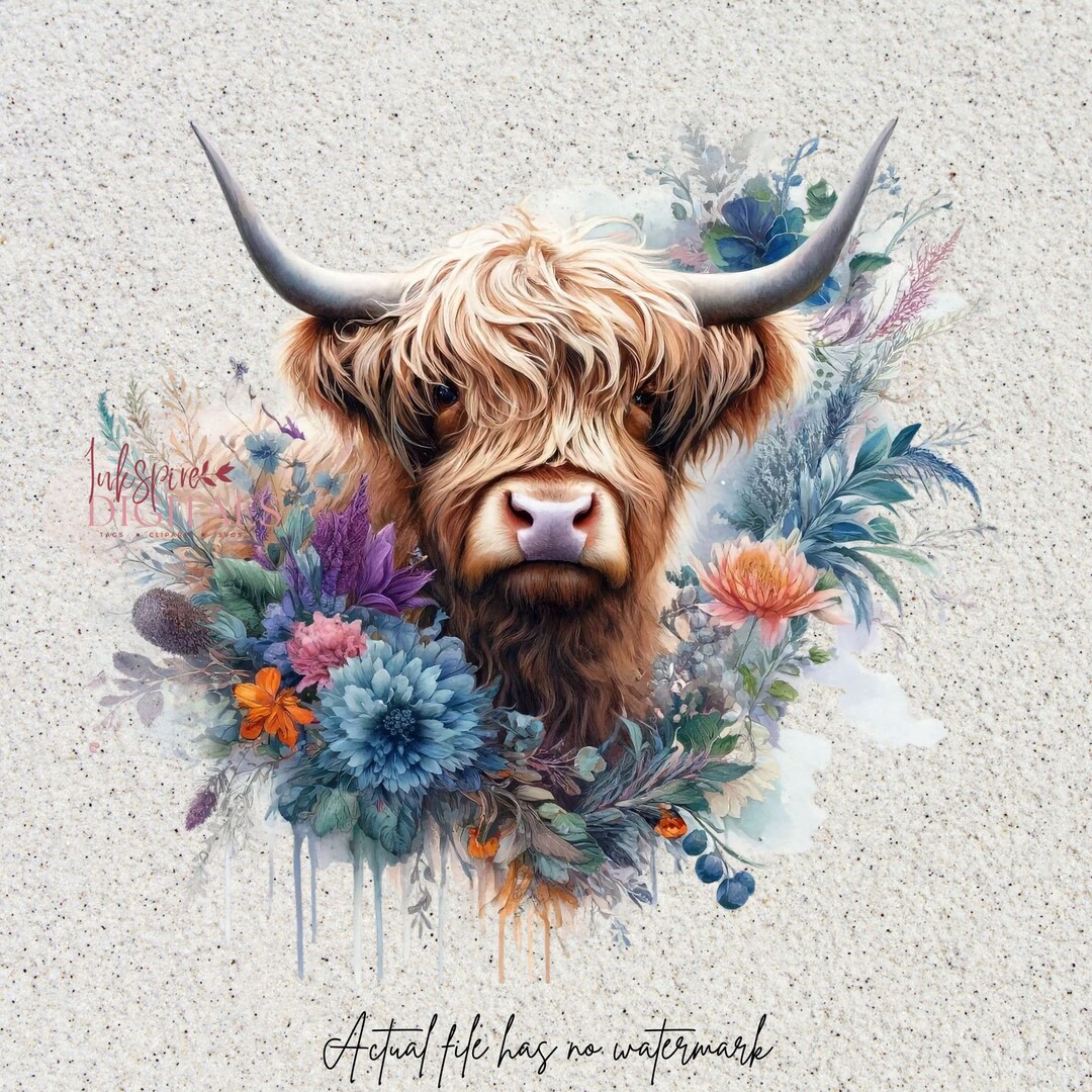 Boho Chic Watercolor Floral Highland Cow Clipart, for Sublimation ...