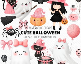 Clipart em aquarela rosa de Halloween – Fantasma, Abóbora, Bruxa, Gato em PNG para uso comercial (Download digital)