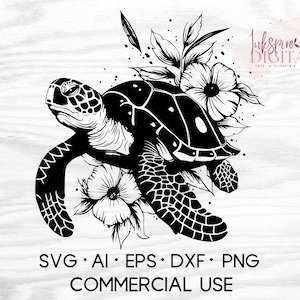 Tortuga marina floral SVG, imágenes prediseñadas de archivos de corte de animales oceánicos para Cricut, silueta, grabado láser, impresiones en blanco y negro, vector de uso comercial