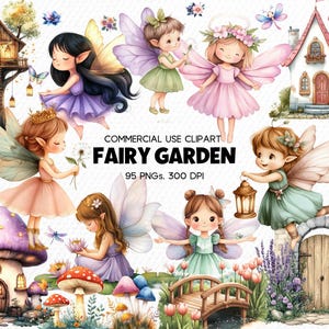 Pacchetto Clipart di fate rosa del giardino magico dell'acquerello / Clipart di compleanno di fate della foresta fantasy carina e PNG trasparente della casa delle fate