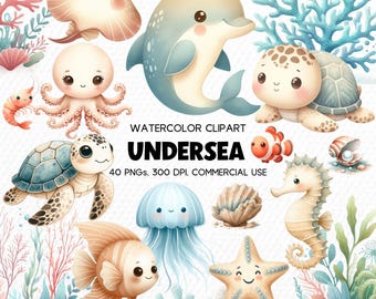 Paquete de imágenes prediseñadas de animales marinos en acuarela, PNG de océano para guardería (descarga digital)