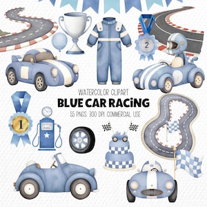 Aquarel blauwe racewagen clipartbundel, vintage raceauto illustraties voor verjaardag babyjongen, kinderkamerdecoratie sportwagen voertuig en douche