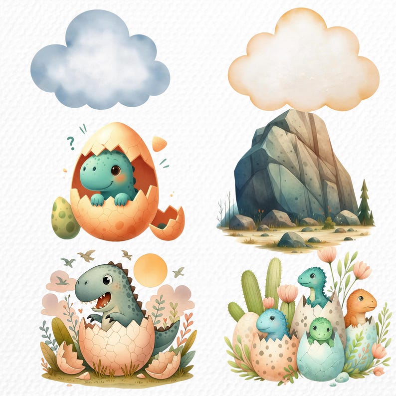 Watercolor Dinosaur Clipart Bundle for Nursery Decor, Its a Baby Boy Shower Birthday Party Stickers, Wall Art, Dino Egg Trex Transparent PNG
