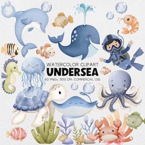 Clipart acquerello sottomarino per decorazioni per la cameretta dei bambini, simpatici animali dell'oceano in formato PNG, polpo, medusa, balena, baby shower, illustrazioni per bambini per compleanni