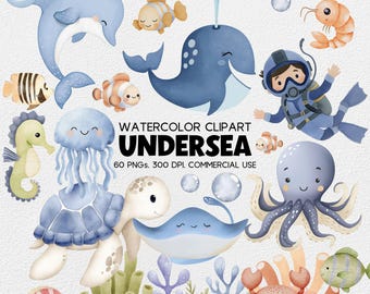 Clipart de acuarela submarina, PNG de animales del océano para cumpleaños, decoración infantil y baby shower