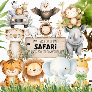 May include: Watercolor clipart featuring various safari animals, including a cheetah, lion, elephant, zebra, giraffe, and monkey. The image includes a wooden sign with the text "WATERCOLOR CLIPART SAFARI". The animals are depicted in a cute, cartoon style.