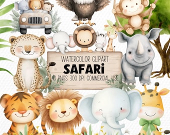 Safari Animals Watercolor Clipart PNGs for Baby Nursery, Shower and Birthday Decor (Digital Download)