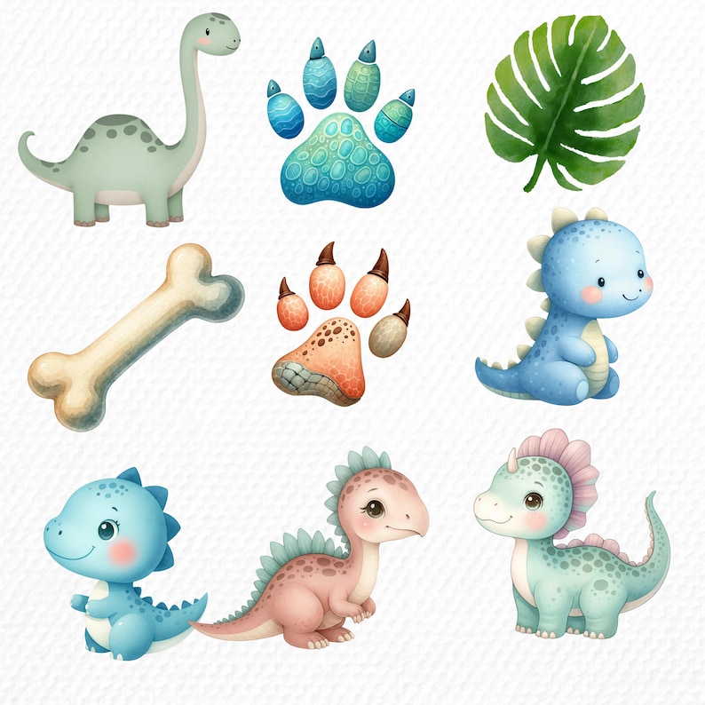 Watercolor Dinosaur Clipart Bundle for Nursery Decor, Its a Baby Boy Shower Birthday Party Stickers, Wall Art, Dino Egg Trex Transparent PNG