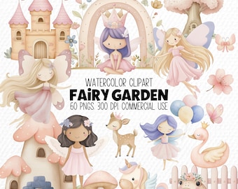 Watercolor Fairy Garden Clipart, Pink Fairies, Fantasy PNG Images (Digital Download