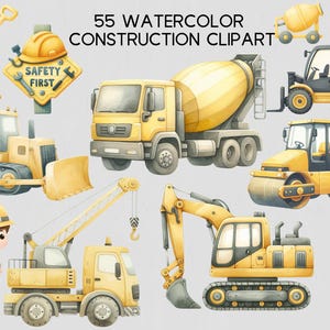 Aquarel bouw clipart, bulldozer, zwaar materieel voertuig, kraanwagen voor kinderen verjaardagsfeestje decor, decor kwekerij scrapbooking