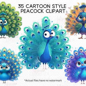 Niedlicher Pfau Clipart, entzückender Cartoon-Stil-Bundle, Kinderzimmer-Tiere PNG für Kartenherstellung, Kindergrafiken, Scrapbooking, Kunsthandwerk und Dekor