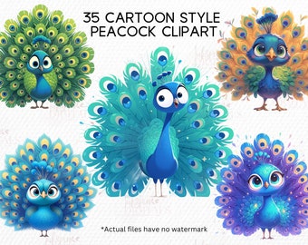 Peacock Clipart Bundle, Cartoon Nursery Animals PNG (Digital Download)