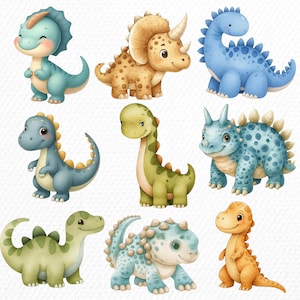 Watercolor Dinosaur Clipart Bundle for Nursery Decor, Its a Baby Boy Shower Birthday Party Stickers, Wall Art, Dino Egg Trex Transparent PNG