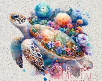 Boho Watercolor Floral Sea Turtle Clipart, for Sublimation Tumblers, Wall Art, PNG Format - Instant Download for Commercial Use 1000 DPI