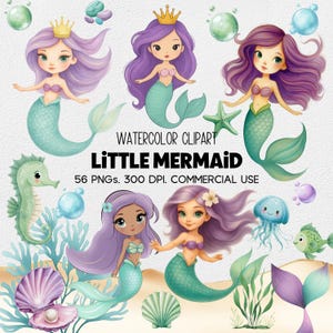 Cute Mermaid Clipart Bundle, Little Mermaid PNG, Under The Sea Clipart, Mermaid Tails, Sea Animals, Dolphin, Seahorse, Seashell, Starfish