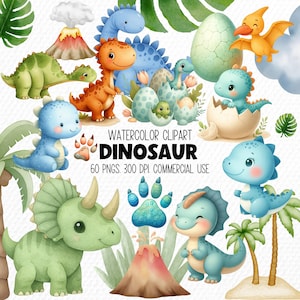 Cute Watercolor Dinosaur Clipart for Nursery Decor, Baby Shower and Birthday Party PNGs, T-Rex Dino Egg Graphic Illustrations for Kids