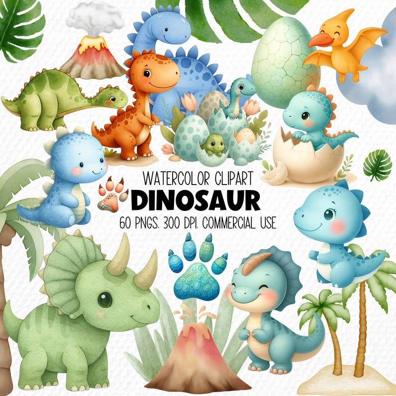 Watercolor Dinosaur Clipart Bundle for Nursery Decor, Its a Baby Boy Shower Birthday Party Stickers, Wall Art, Dino Egg Trex Transparent PNG