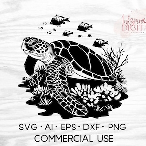 Meeresschildkröte SVG, Floral Ozean Tier geschnitten Datei Clipart für Cricut, Silhouette, Lasergravur, AI, Eps, Dxf Vektor für kommerzielle Nutzung PNG