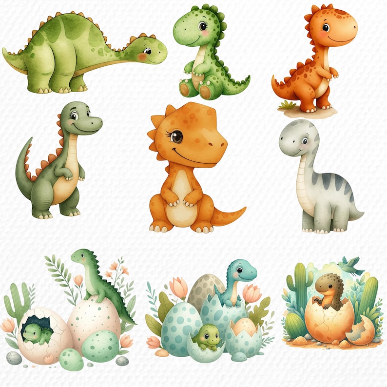 Watercolor Dinosaur Clipart Bundle for Nursery Decor, Its a Baby Boy Shower Birthday Party Stickers, Wall Art, Dino Egg Trex Transparent PNG