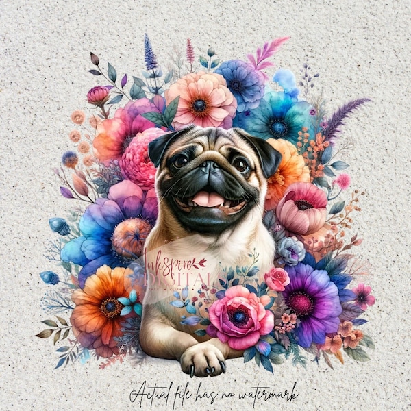 Boho Chic Watercolor Floral Pug Clipart, for Sublimation Tumblers, Wall Art, PNG Format - Instant Download for Commercial Use 1000 DPI