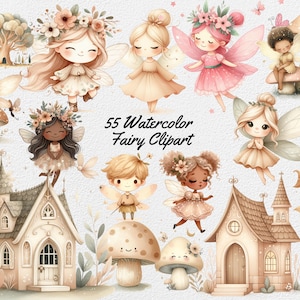 Clipart fée aquarelle pour fête d'anniversaire et cartes d'invitation de baby shower, champignon mignon magique pour les graphiques PNG de décoration de chambre d'enfant