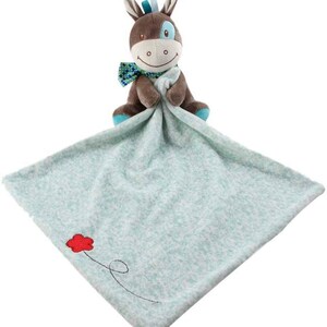 May include: A soft, blue and green baby security blanket with a brown and blue plush donkey attached. The blanket has a red embroidered flower with a stem.