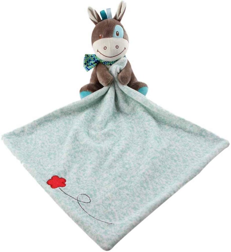 May include: A soft, blue and green baby security blanket with a brown and blue plush donkey attached. The blanket has a red embroidered flower with a stem.